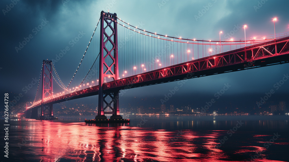 Fototapeta premium Luminous Reflections: Nighttime Glow of a Famous Bridge, Generative AI
