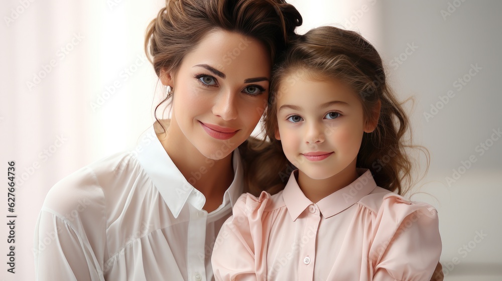 A portrait of mother and daughter are smiling so happiness in the room. Generative Ai A portrait of mother and daughter are smiling so happiness in the room. Generative Ai