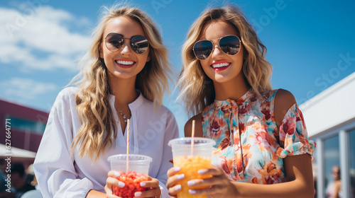 Two young ladies drinking fresh smoothie on the street. Generative Ai