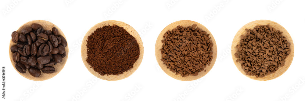 Top view of coffee beans, ground and instant granulated, sublimated. Top view of coffee beans, ground and instant granulated, sublimated.