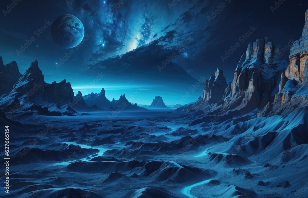 Alien Landscape Planet In Blue Color Background