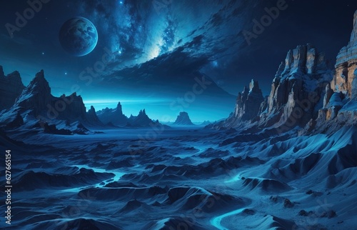 Alien Landscape Planet In Blue Color Background