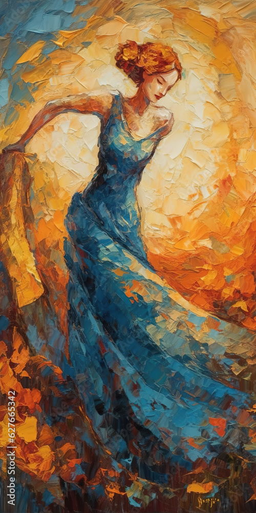 a beautifiul blonde haired woman at sunset, abstract oil painting, ai generated image
