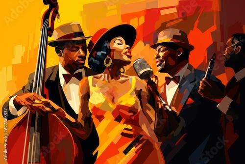 Abstract style of retro african american people that playing music. Beautiful illustration picture. Generative AI