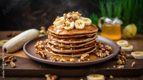 Oat pancakes with banana, walnuts and honey © Zain Graphics