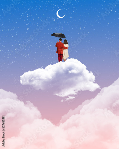 Loving couple, man and woman walking on clouds under umbrella again sy background. Relationship. Contemporary art collage. Concept of dreams and fantasy, surrealism, imagination. Copy space for ad