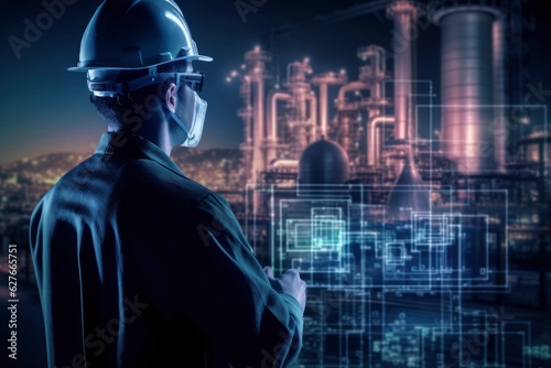 A futuristic industrial engineer wearing a hard hat and augmented reality (AR) glasses, analyzing a holographic blueprint of a high-tech factory or refinery