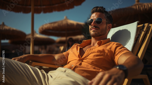 Attractive man relaxing on the beach. Generative Ai