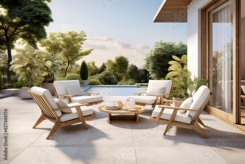 A luxurious villa terrace with summer chairs, Generative Ai