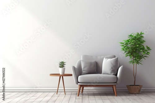 The interior with a gray armchair against an empty white wall, Generative Ai