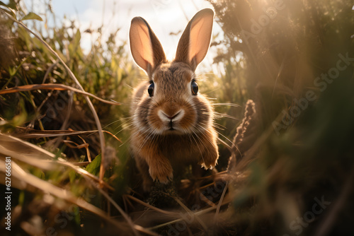 A rabbit hopping in the grass