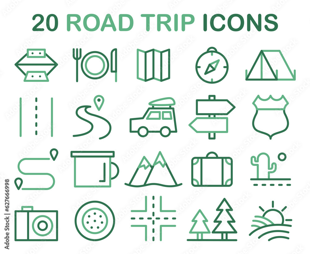 Fototapeta premium Road trip icons set. Vacation by a car. Driving a car on a summer