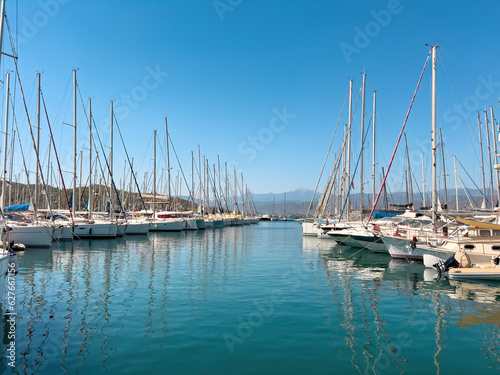 View from above of the marina in Fethiye, Türkiye on a sunny day