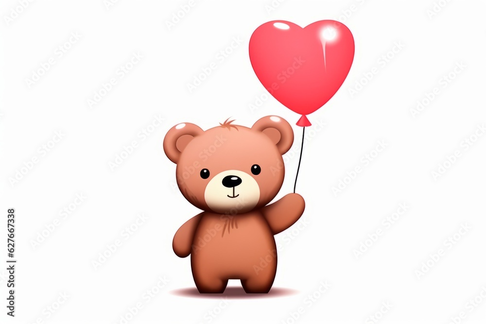 Naklejka premium Cartoon kawaii style cute teddy bear holding heart shaped balloon. Beautiful illustration picture. Generative AI