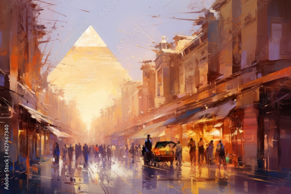 Street with pyramid in the background. Beautiful illustration picture. Generative AI