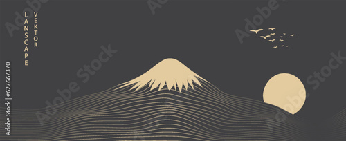 Vector abstract art Mount Fuji Japan landmark, landscape mountain with birds and sunrise sunset by gold line art texture isolated on dark grey black color background. Minimal luxury style.