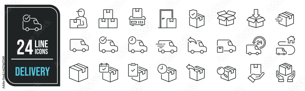 Delivery minimal thin line icons. Related van, package, unboxing, transport. Editable stroke. Vector illustration. Delivery minimal thin line icons. Related van, package, unboxing, transport. Editable stroke. Vector illustration.