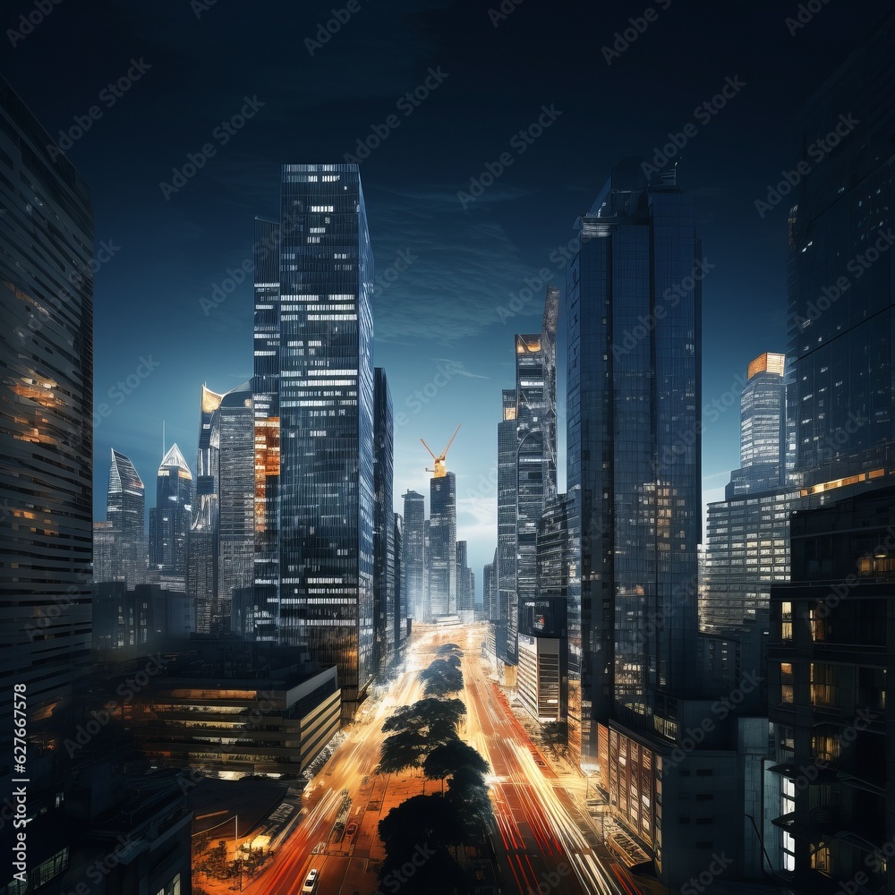 City at night. Tall buildings. Beautiful illustration picture. Generative AI