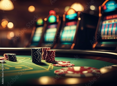 Casino roulette table with chips and slot machines.