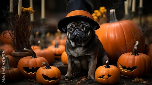 Halloween pug dog with hat. Generative AI
