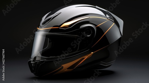 Modern motorcycle helmet on dark backdrop. Generative AI