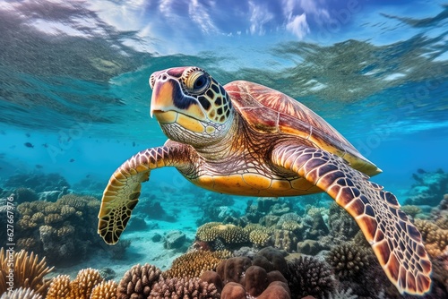 Under water sea turtle. Diving scene of turtle undersea. Generative AI © kardaska