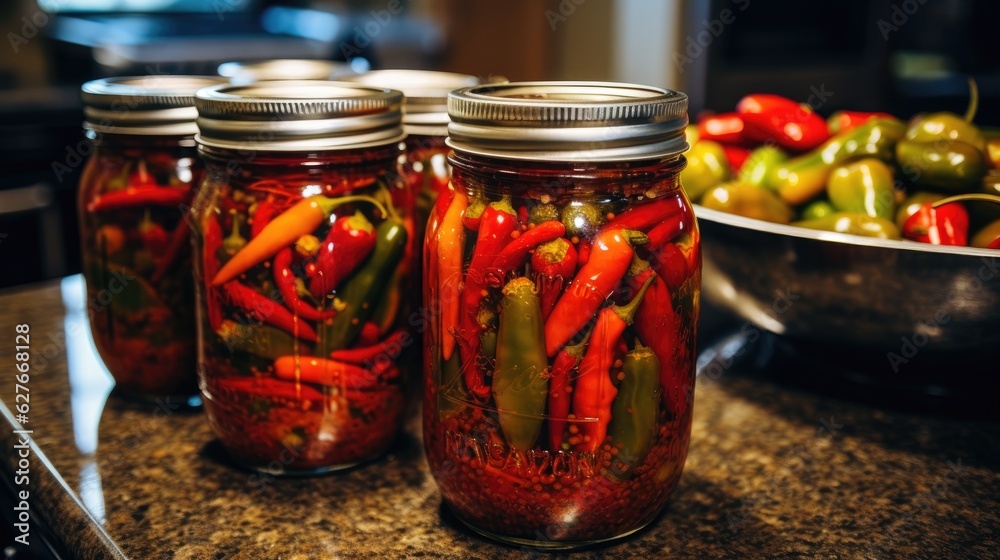 Sterilized chili peppers in a jar. Generative AI Sterilized chili peppers in a jar. Generative AI
