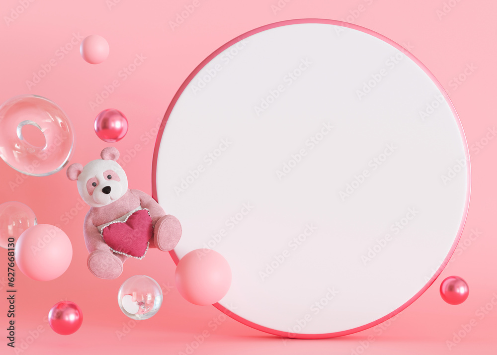 Pink and white background with teddy bear and copy space. It's a girl backdrop with empty space for text. Baby shower or birthday invitation, party. Baby girl birth announcement. 3D.