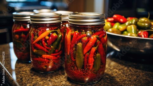 Sterilized chili peppers in a jar. Generative AI