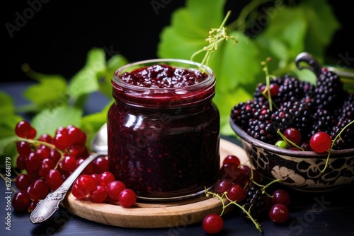 Blackberry jam with fresh fruit. Generative AI