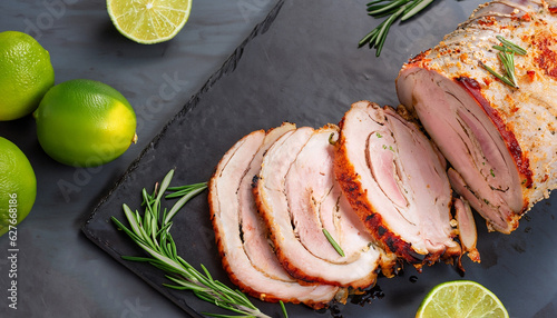Obraz na płótnie overhead view of sliced roast pork roulade - Porchetta, delicious pork roast of