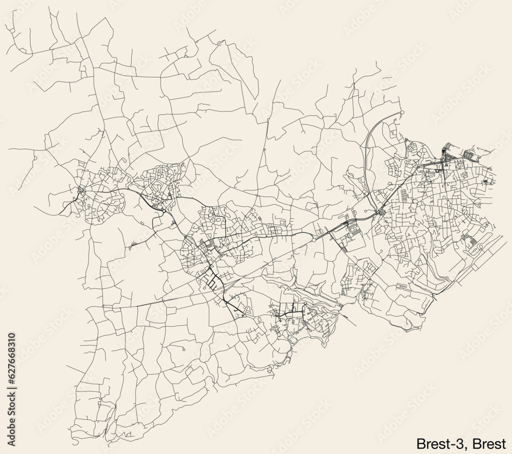 Detailed hand-drawn navigational urban street roads map of the BREST-3 CANTON of the French city of BREST, France with vivid road lines and name tag on solid background