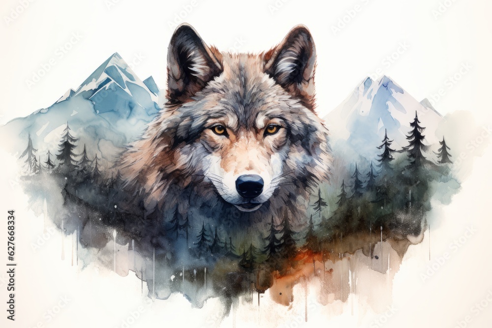 Fototapeta Double exposure of a wolf and a mountain. Beautiful illustration picture. Generative AI