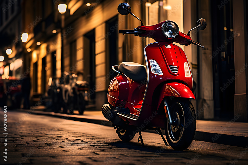 A red scooter parked on a sidewalk on night city street