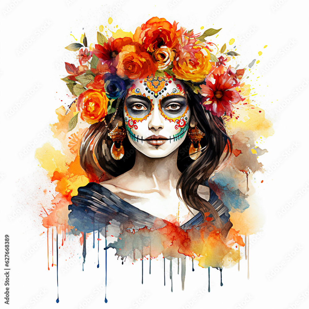 Beautiful woman with sugar skull makeup and flowers in her hair. selective focus.