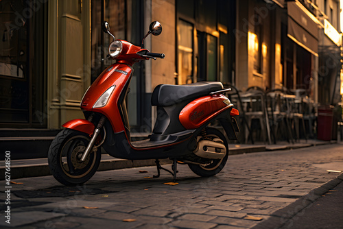 A scooter parked on a sidewalk