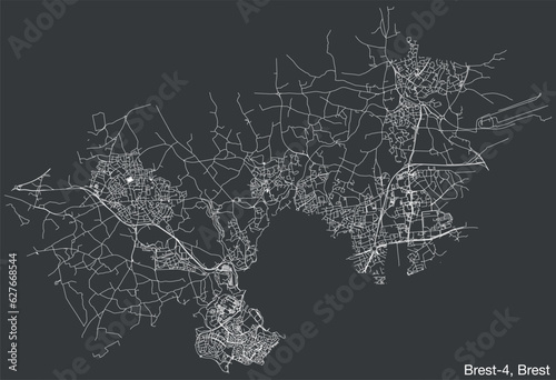 Detailed hand-drawn navigational urban street roads map of the BREST-4 CANTON of the French city of BREST, France with vivid road lines and name tag on solid background
