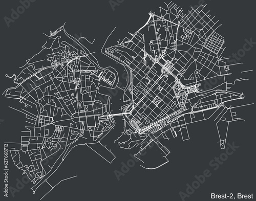 Detailed hand-drawn navigational urban street roads map of the BREST-2 CANTON of the French city of BREST, France with vivid road lines and name tag on solid background