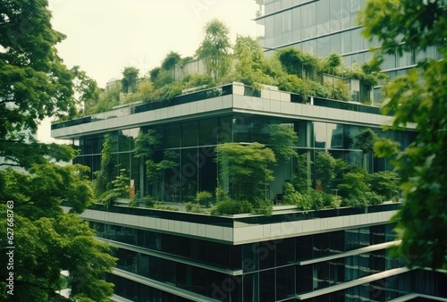 Lots of green plants around the modern glass house