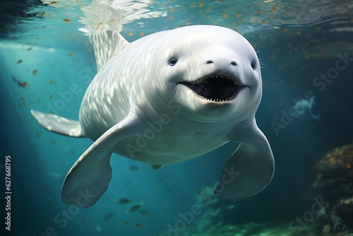 An illustration of a Beluga whale underwater, Generative Ai © rzrstudio
