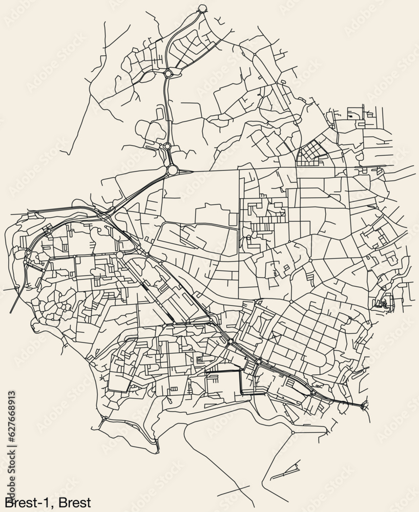 Detailed hand-drawn navigational urban street roads map of the BREST-1 CANTON of the French city of BREST, France with vivid road lines and name tag on solid background