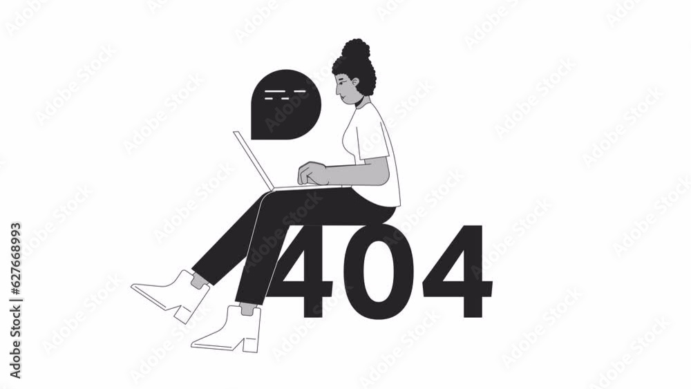 Programmer typing laptop black and white error 404 animation. It developer code error message gif, motion graphic. Black woman programming animated character linear 4K video isolated on white Programmer typing laptop black and white error 404 animation. It developer code error message gif, motion graphic. Black woman programming animated character linear 4K video isolated on white