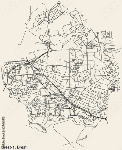 Detailed hand-drawn navigational urban street roads map of the BREST-1 CANTON of the French city of BREST, France with vivid road lines and name tag on solid background