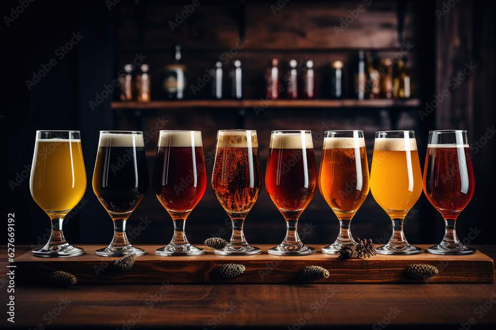Glasses with different sorts of craft beer on bar. Closeup of on glasses of different types of draught beer in a pub. Glasses with different sorts of craft beer on bar. Closeup of on glasses of different types of draught beer in a pub.