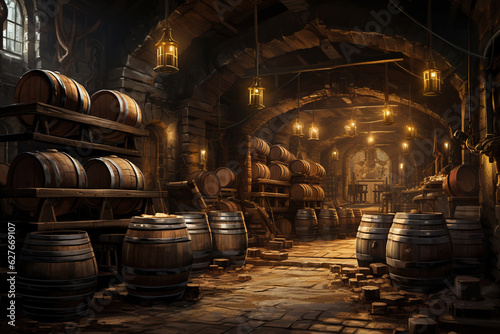 Brewery cellar background, Wooden barrels with beer or wine in dark cellar