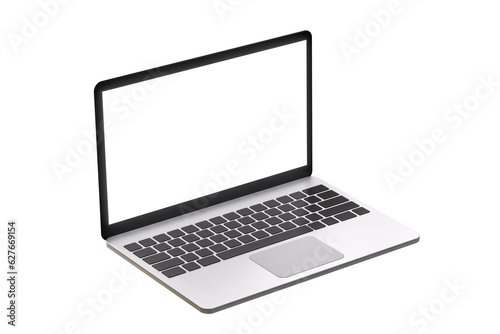 Hovering aluminium laptop with blank screen and new design, isolated background