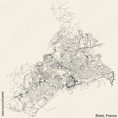 Detailed hand-drawn navigational urban street roads map of the French city of BREST, FRANCE with solid road lines and name tag on vintage background