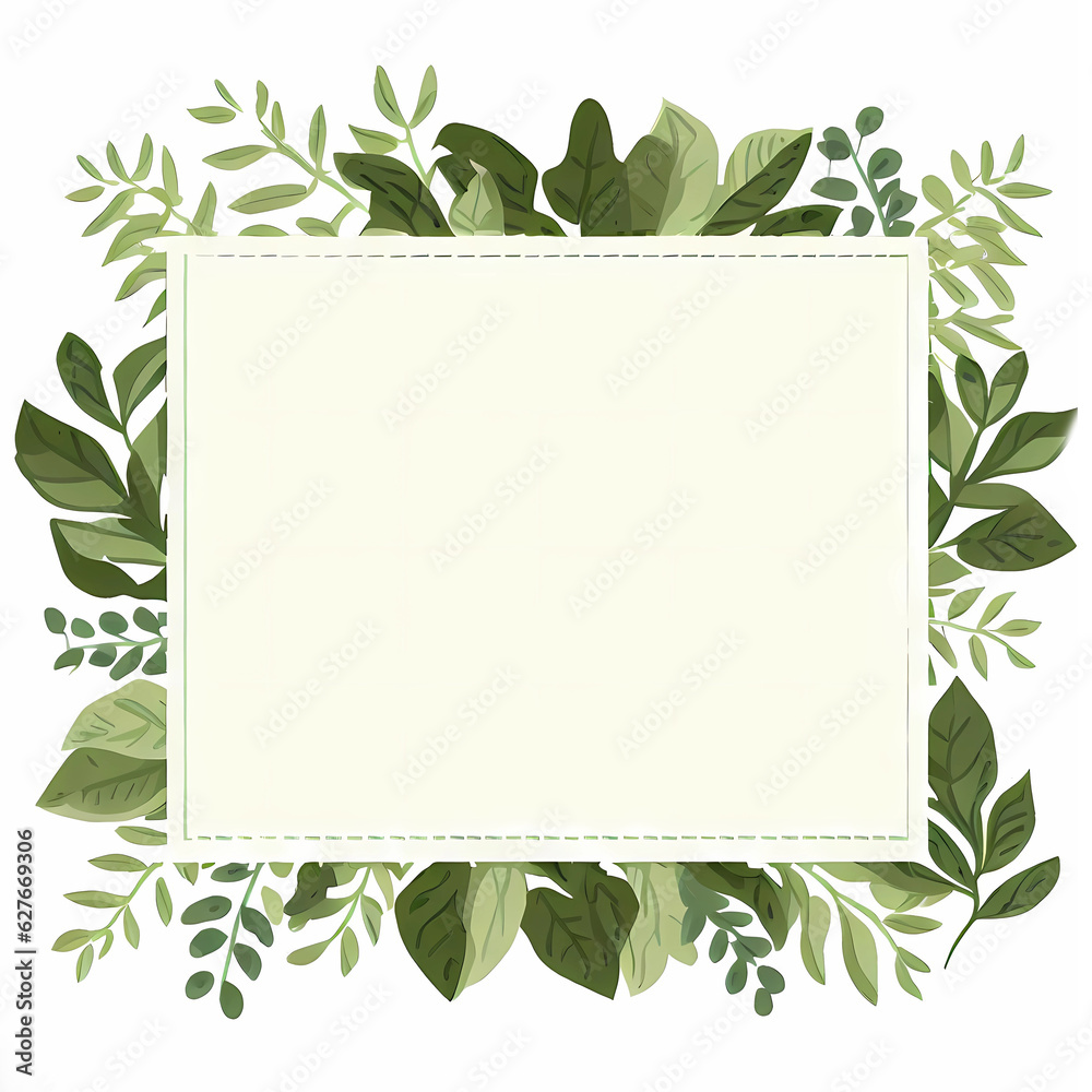 Watercolor geometrical frame with greenery leaves branch twig plant herb flora isolated on white background. Generative AI.