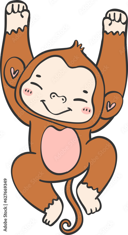 Obraz premium Baby Monkey hanging Cartoon Animal. Cheerful and Cute Wildlife Character