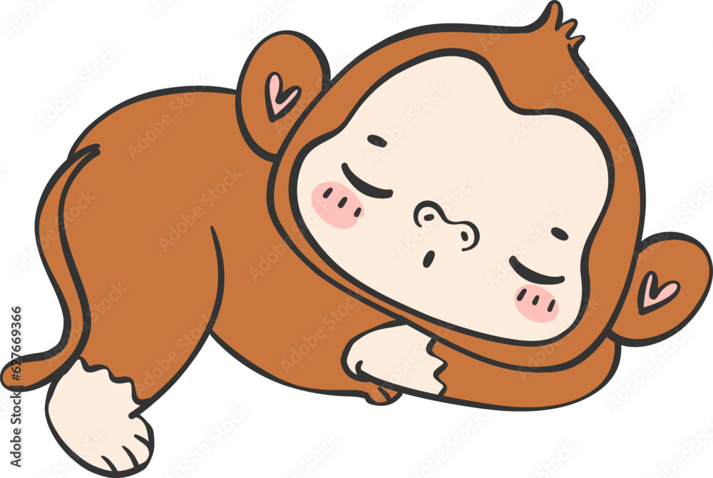 Fototapeta premium Baby Monkey sleeping Cartoon Animal. Cheerful and Cute Wildlife Character